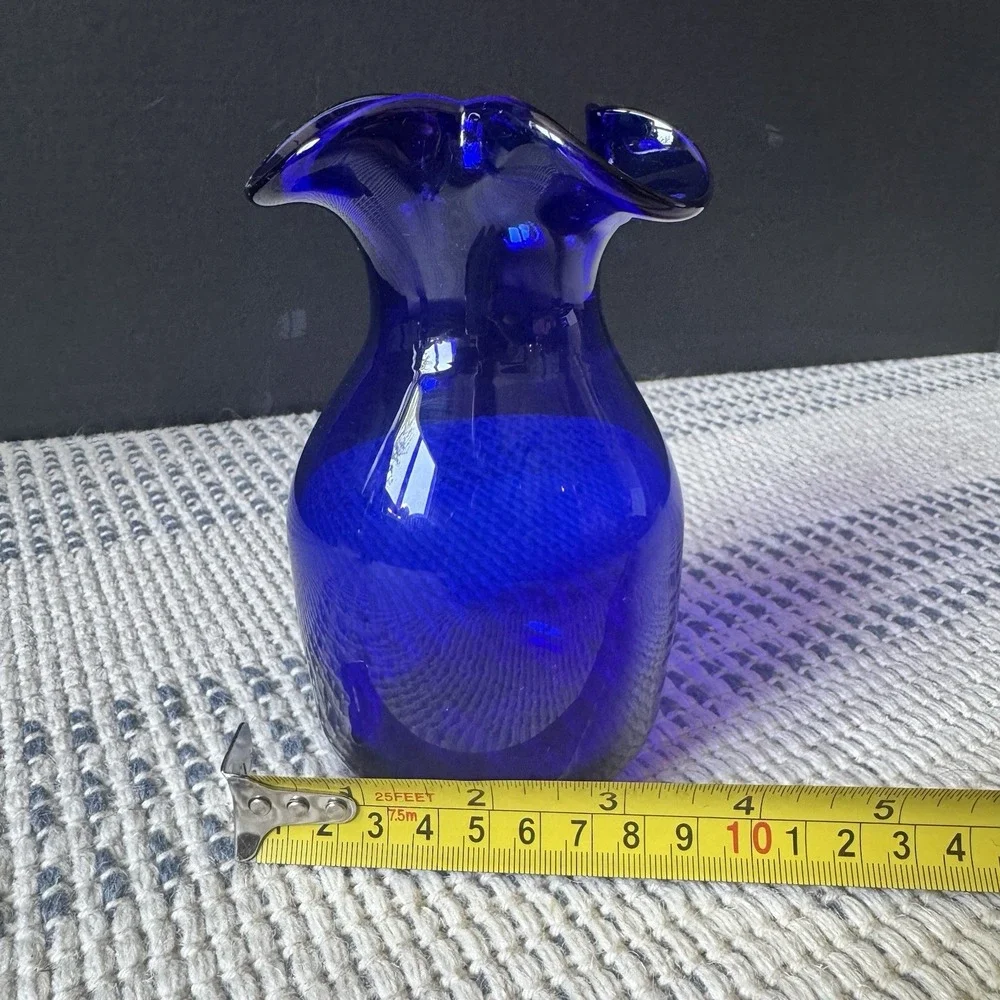 Stunning Vintage Cobalt Blue Ruffled Rim Glass Vase With Bottom Pontil Marking